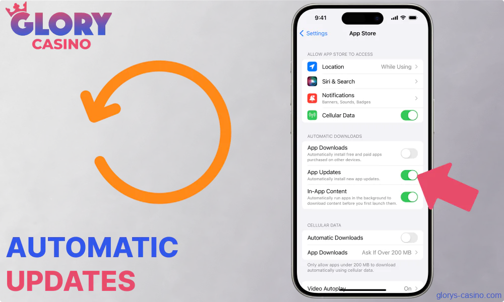 Auomatic update options in Glory Casino app