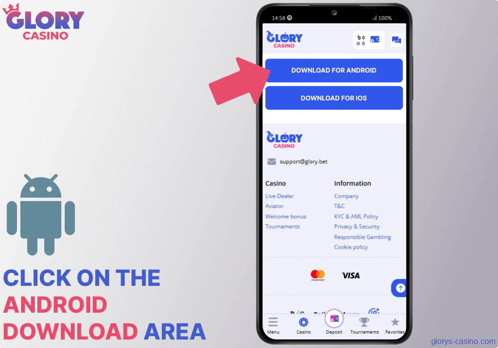 Click on the Android download area to install the Glory Casino app
