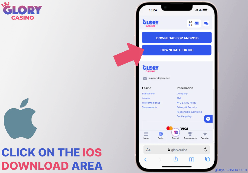 Click on the iOS download area to download the Glory Casino app