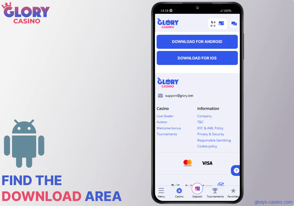Find the Download area on the Glory Casino website