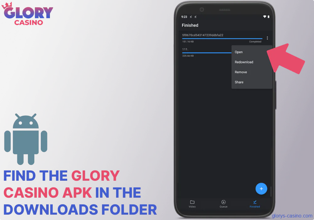 Find the Glory Casino APK in the Downloads folder