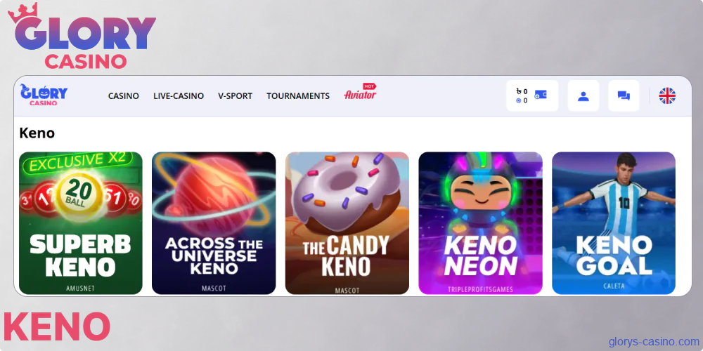 Keno Games available in Glory Casino for players from Bangladesh