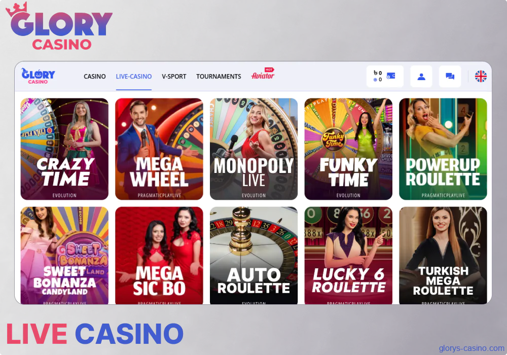 Live Casino options available for Glory Casino players from Bangladesh