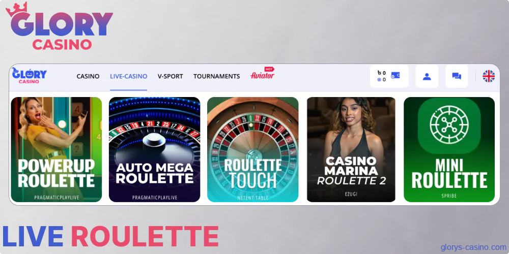 Live Roulette options available in Glory Casino