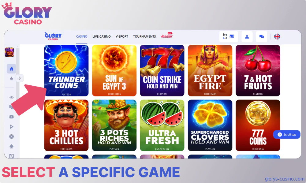 Select a specific game on Glory Casino