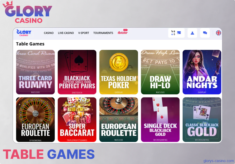 Table games available in Glory Casino Bangladesh