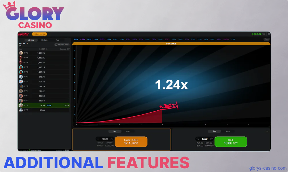 Additional features in Glory Casino Aviator game