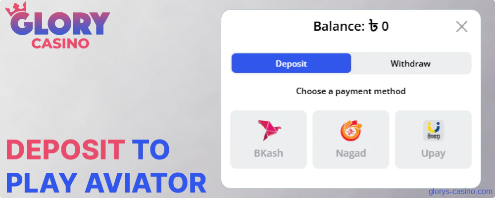 Deposit options on Glory Casino for Aviator players