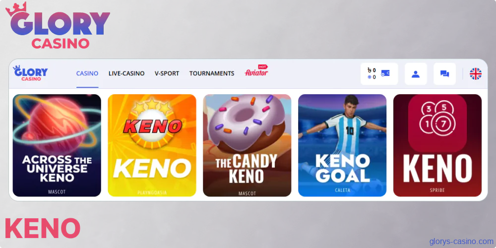 Keno lotteries available in Glory Casino