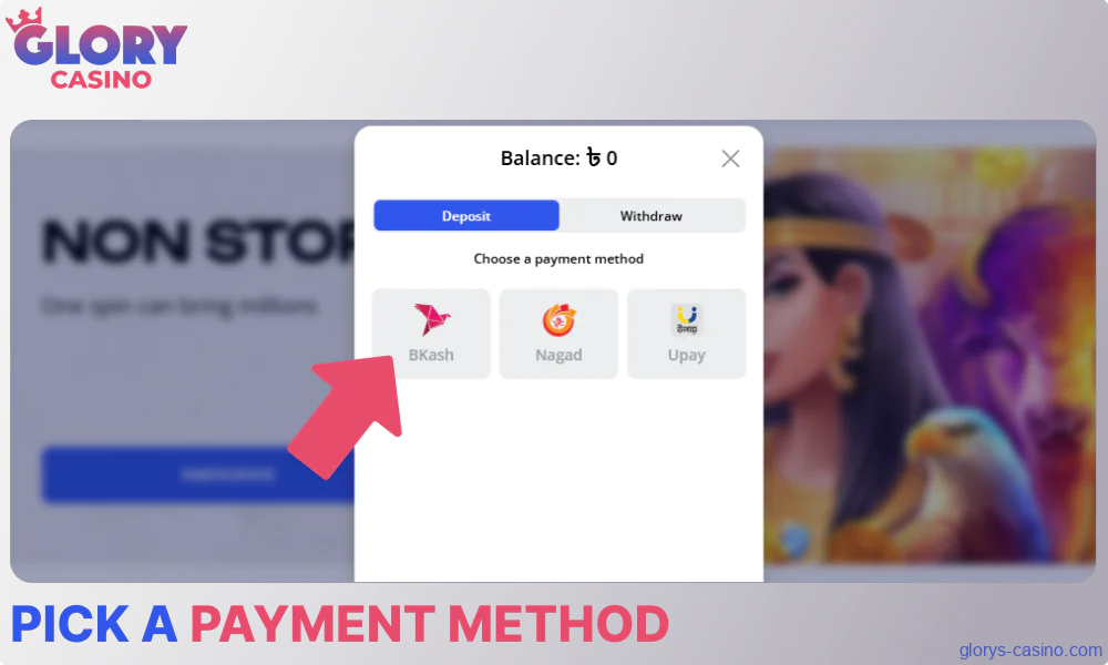 Pick a payment method on Glory Casino
