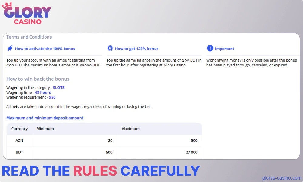 Read the Glory Casino bonus rules carefully