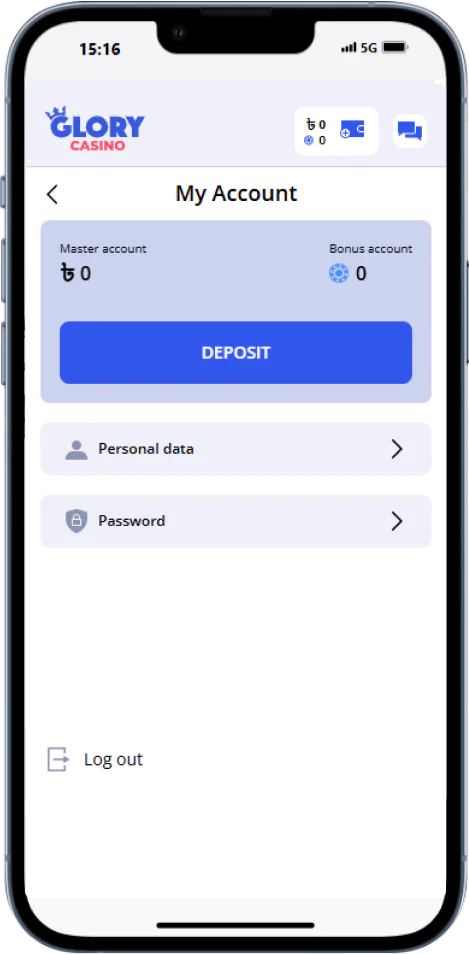 Account settings in Glory Casino mobile app