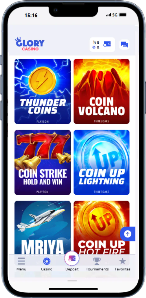 Casino games available in Glory Casino mobile app