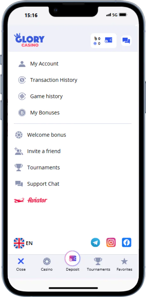 Glory Casino app menu