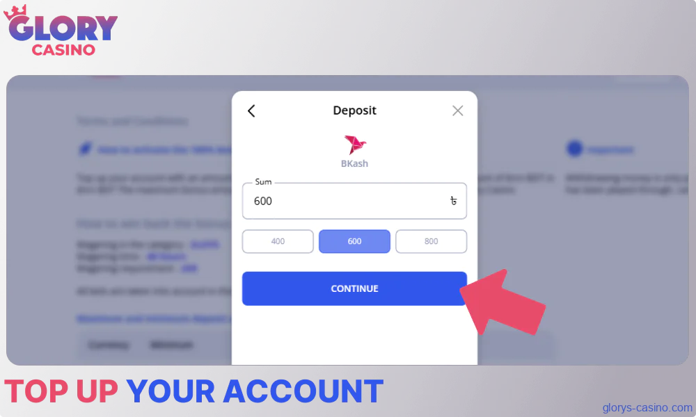 Top up your Glory Casino account